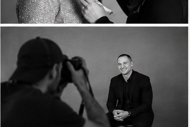 Photographer working a seated portrait — Primepass studio.
