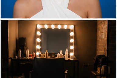 Dressing room — vanity mirror, bulbs warm, makeup laid out.