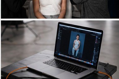 Editing bay — retouch laptop on the desk after wrap.